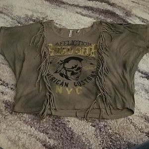 Affliction t shirt with fringes on front and back